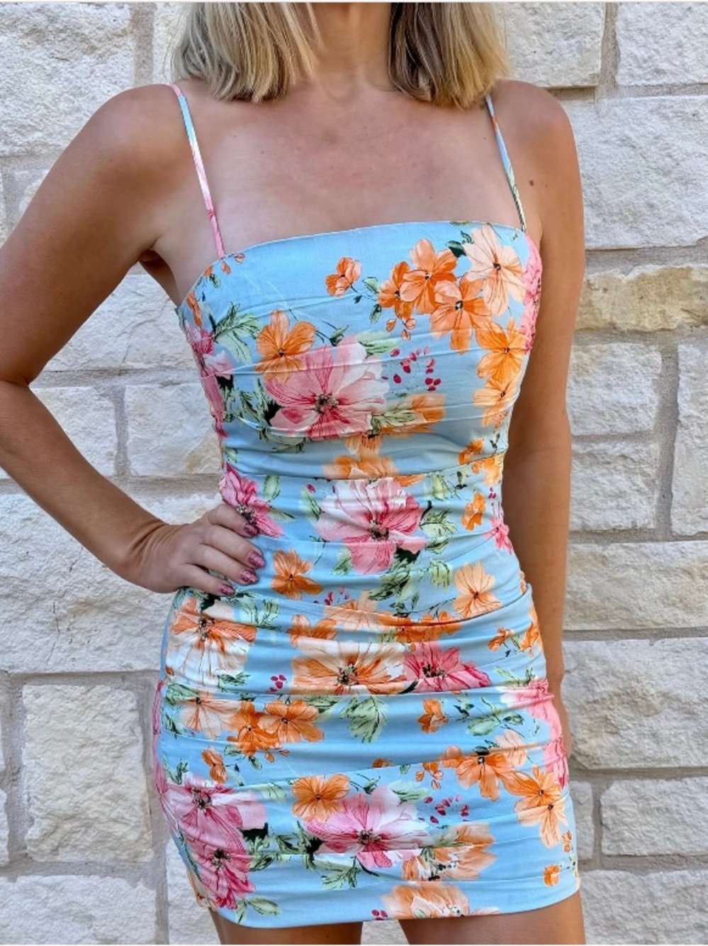 Dainty Hooligan Blue Floral Ruched Mini Dress with Pink & Orange Flowers